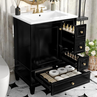 24" Vanity with Sink, Small Bathroom Vanities 24 Inch with Sink, Single Sink Bathroom Vanity with Door Shelf and Three Drawers, Restroom Vanity with Sink Top (Black)