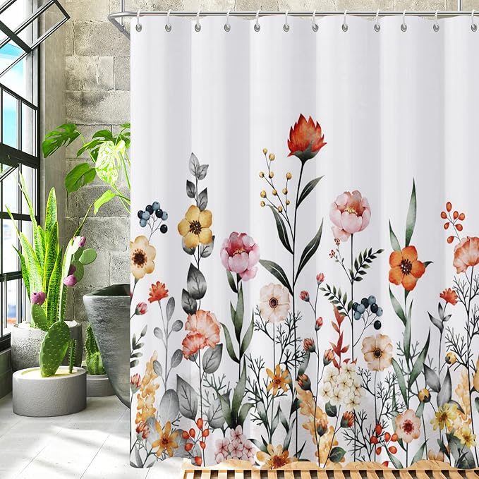 Floral Shower Curtain, Flower Shower Curtains for Bathroom, Watercolor Leaf Bathroom Curtain, Fabric Shower Curtains for Home Hotels Bathtubs Decor Easy Care Machine Washable 72x72