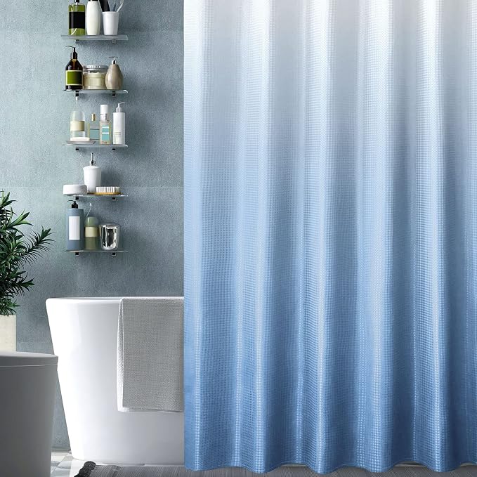 Long Blue Ombre Fabric Shower Curtain, 72 x 78 | Tall Blue Ombre Shower Curtain for Bathroom, Fabric Shower Curtain Set , Water Repellent, Machine Washable