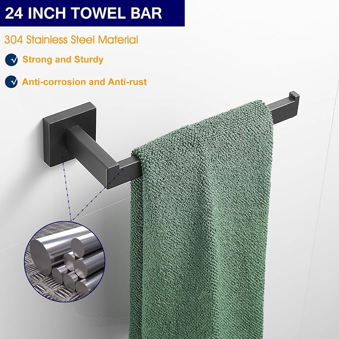 Bathroom Hardware Set Matte Black 23.6-Inch Towel Bar,2pcs Towel Hook,Toilet Paper Holder,Hand Towel Holder Stainless Steel Bathroom Accessories GTS3190B…