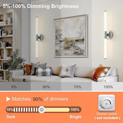 Bathroom Vanity Lights Chrome LED Vanity Lights Modern 24" | 360° Bright Lighting, Dimmable Vanity Light Bar, Hardwired Wall Lights 4000K Natural White for Mirror