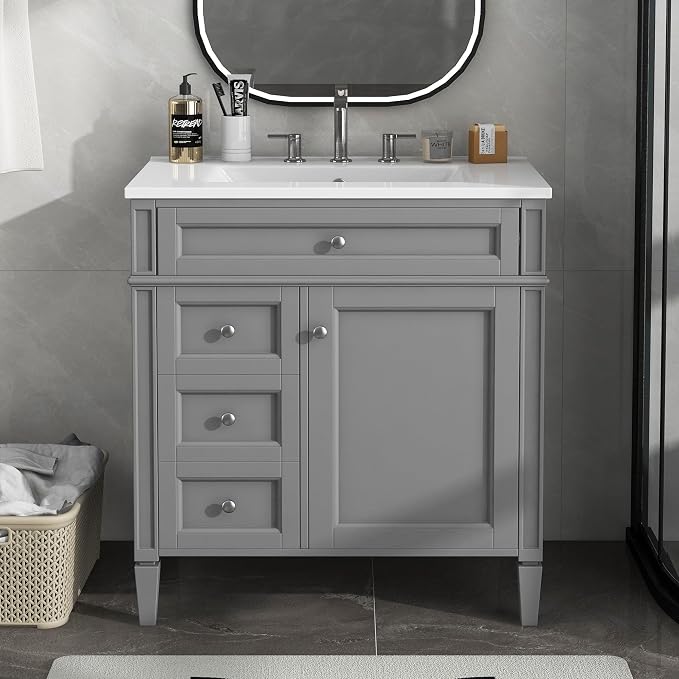 30-Inch Bathroom Vanity with Sink Combo,Undermount Single Basin Vanity Set w/Tip-Out and 2 Drawers,1 Soft Closing Door,Modern Storage Cabinet for Small Space Bathroom,Easy Assembly,Grey