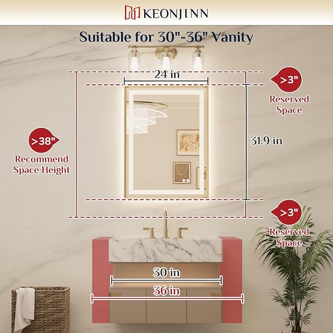 Keonjinn 24x32 Inch Brushed Nickel LED Bathroom Mirror with Lights | Frontlit & Backlit, Lighted Bathroom Mirror, HD Tempered Glass, 3 Color Temperatures, Anti-fog, Stepless Dimmable