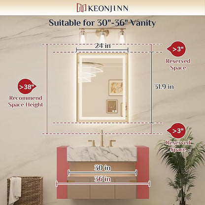 Keonjinn 24x32 Inch Brushed Nickel LED Bathroom Mirror with Lights | Frontlit & Backlit, Lighted Bathroom Mirror, HD Tempered Glass, 3 Color Temperatures, Anti-fog, Stepless Dimmable