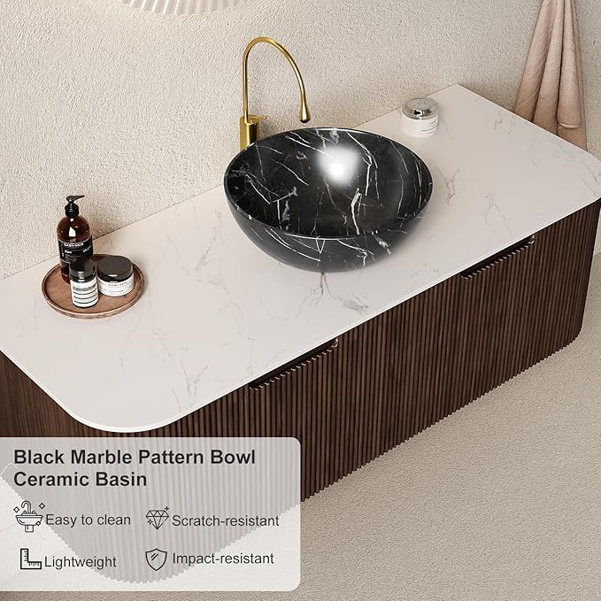 48" Floating Bathroom Vanity with Sink, Wall-Mount Cabinet with 2 Large Storage Drawer, Black Bowl Ceramic Basins and Marble Top, Soft-Close Design, Dark Walnut