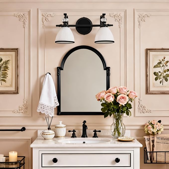 Bathroom Lighting Fixtures Over Mirror, 2-Light Matte Black Vanity Light with Frosted Glass, Anti-Rust Metal Framed Bathroom Wall Lamp Sconces for Mirror Bedroom, Living Room Hallway