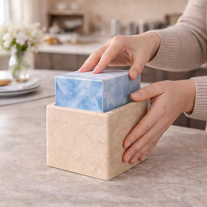 Creative Home Natural Marble Tissue Box Cover, Square Beige Tissue Holder
