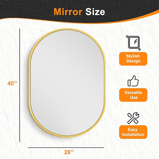 40x28 Gold Oval Bathroom Mirror for Over Sink, Aluminum Frame | HD Reflection No Distortion, Aluminum Frame, Mounting Hardware for Vertical or Horizontal Mount