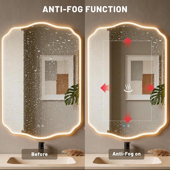 POZINO 36"x24" Scalloped LED Bathroom Mirror with Lights, Gold Metal Frame | Beveled Edge, 3 Color Dimmable, Anti-Fog, Memory Function, IP65 Waterproof, Smart Bathroom Vanity Mirror with Front Lights