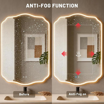 POZINO 36"x24" Scalloped LED Bathroom Mirror with Lights, Gold Metal Frame | Beveled Edge, 3 Color Dimmable, Anti-Fog, Memory Function, IP65 Waterproof, Smart Bathroom Vanity Mirror with Front Lights