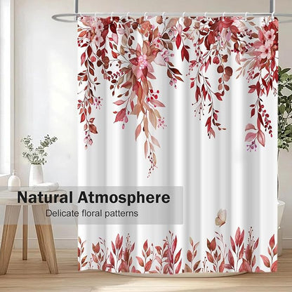 Red Floral Eucalyptus Shower Curtain with Hooks, 72x84 Inch | Waterproof Fabric, Watercolor Leaves and Floral, Botanical Style, Machine Washable, Quick-Drying, for Hotel Bathroom