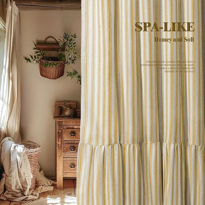 Farmhouse Shower Curtain Ruffle Linen Cream-Yellow Stripe 72"W x 72"L | Farmhouse Boho, Striped, Bottom Ruffle, Linen Fabric, Rustic, Country, Natural Look, Washable, for Bathroom Bathtub