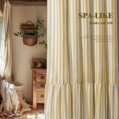 Farmhouse Shower Curtain Ruffle Linen Cream-Yellow Stripe 72"W x 84"L | Farmhouse Boho, Striped, Bottom Ruffle, Linen Fabric, Rustic, Country, Natural Look, Washable, for Bathroom Bathtub