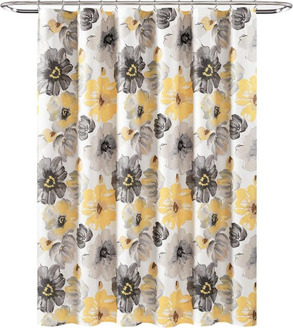 Lush Decor Leah Floral Shower Curtain, 72" W x 84" L, Yellow/Gray - Fabric Shower Curtains - Watercolor Botanical Bathroom Curtain - Farmhouse & French Country Decor