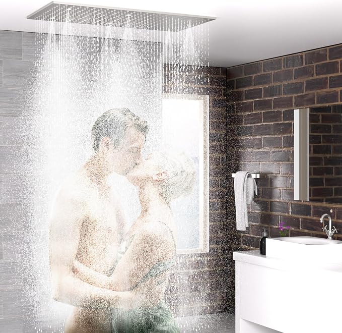2-Functions Luxury High Pressure Rain Shower Head, 16"x32" Large Ceiling Full Body Shower Head with Silicone Nozzles Rectangle Mist Showerhead, Brushed Nickel Finish