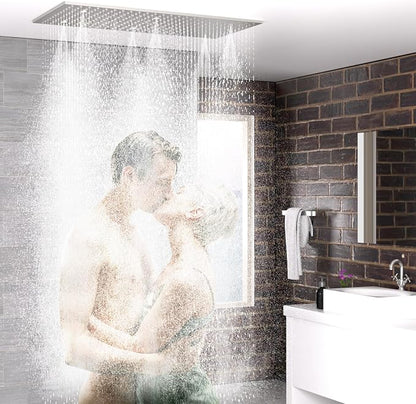 2-Functions Luxury High Pressure Rain Shower Head, 16"x32" Large Ceiling Full Body Shower Head with Silicone Nozzles Rectangle Mist Showerhead, Brushed Nickel Finish