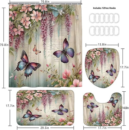 Chrainy 4pcs Spring Butterfly Shower Cutain Set Bathroom Decor with Rugs | Bath Accessories with Waterproof Curtain, Bath Mat, Toilet Lid Cover, U-Shaped Rug and 12 Hooks for Washroom, 71*71in