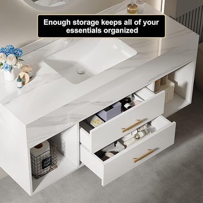 homary 39.4" Floating Bathroom Vanity with Sink, Modern Wall-Mounted Vanity Bathroom Cabinet with Sintered Stone Countertop, Undermount Sink & White, 2 Open Storage Shelves