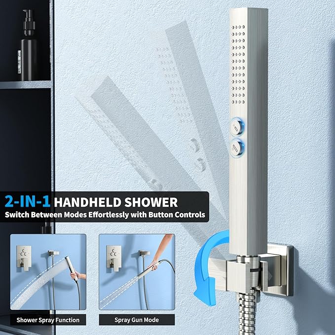 Shower Faucet Set Shower System - EMBATHER Brushed Nickel Push Button Diverter Dual Shower Faucet Valve Kit with Rain Ceiling Mount 10 Inch Shower Head 6 Inch Wall Mount, 2 in 1 Handheld for Couple