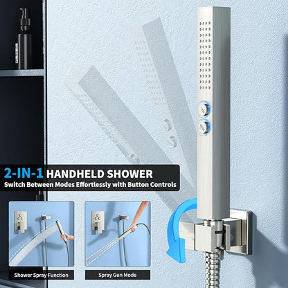 Shower Faucet Set Shower System - EMBATHER Brushed Nickel Push Button Diverter Dual Shower Faucet Valve Kit with Rain Ceiling Mount 10 Inch Shower Head 6 Inch Wall Mount, 2 in 1 Handheld for Couple