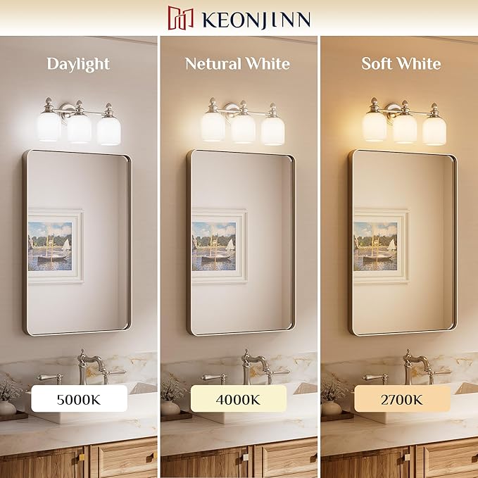 Keonjinn Brushed Nickel Bathroom Light Fixtures, 3-Light Vintage Vanity Lights for Mirror with Frosted Glass Shades, UL Listed E26 Base Reversible Vanity Lighting Fixtures for Wall(Bulbs Not Included)