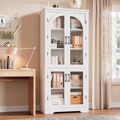 Garvee 70" Tall Kitchen Pantry Cabinet with 4 Arched Glass Doors, White | Modern Display Cabinet with Adjustable Shelves, Versatile Cupboard Organizers for Kitchen, Dining Room, Living Room, Bathroom