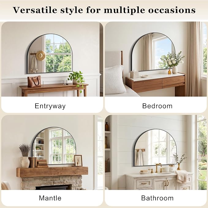 Arched Bathroom Mirror 30" W x 25" H, Bathroom Mirror for Over Sink, Wide Wall Vanity Mirror with Aluminum Frame & Tempered Glass, Ideal for Mantel, Entryway, Bedroom, Living Room, Black