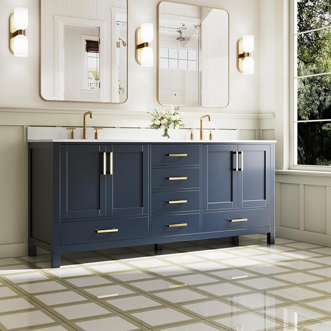 80-Inch Bathroom Vanity with Sink, 4 Soft-Close Doors and 6 Soft-Close Drawers, Bathroom Freestanding Vanity with Cultured Marble Countertop, Navy Blue Vanity W/Gold Handles
