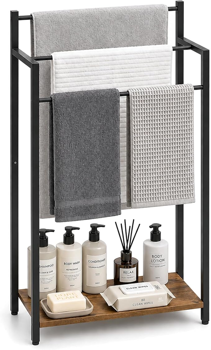 16.9" W Freestanding Towel Rack with Rustic Brown Wood Shelf | 3 Tier Blanket Ladder Stand for Bathroom Living Room, Metal Frame,31.5"H x 16.9"W x7.9"D