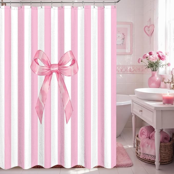 Tititex Cute Candy Cane Striped Pink Bow 140gsm Faux Linen Fabric Shower Curtain, Elegant Classic Shower Curtain Sets Decoration 72x72 Inch with Hooks