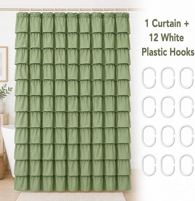 Sage Green Ruffle Shower Curtain for Bathroom, 72x84 inch, 1 Panel | Cottagecore Bathroom Decor, Soft Microfiber Fabric, Extra-Long 72 X 84, 12 Hooks Included, Machine Washable, Opaque Privacy