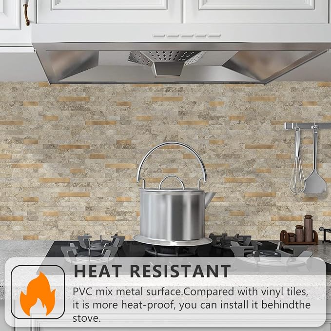 STICKGOO Peel and Stick Backsplash Tile, Stick on Backsplash for Kitchen and Bathroom, Stone Beige Marble Look PVC Mixed Metal Gold Self Adhesive Wall Tiles(Sample)