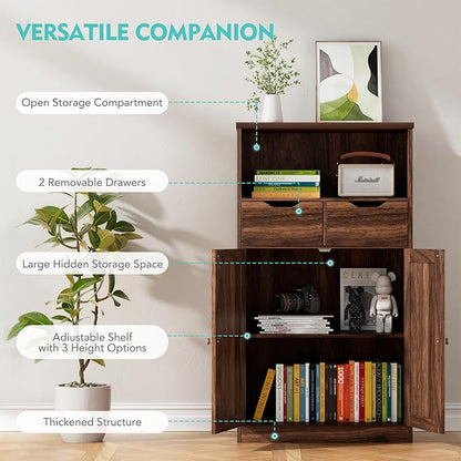 Vongrasig Bathroom Storage Cabinet, 42.5" H Freestanding Floor Cabinet | Wooden Modern Cabinet with 2 Drawers, Open Shelf and Adjustable Shelf for Bathroom, Laundry Room and Entryway, Walnut