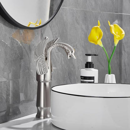 Brushed Nickel Swan Shape Single Handle 1Hole Bathroom Vessel Sink Faucet Deck Mount Lavatory Sink Faucet