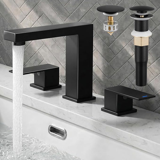 KES All Metal Black Bathroom Faucets with Pop Up Drain NO Overflow, 8 Inch Square Widespread Bathroom Sink Faucet 3 Hole, Vanity Faucet SUS 304 Stainless Steel Matte Black, L4350LFF12-BK-C2