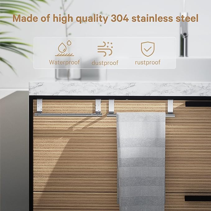 Over Cabinet Towel Bar, Stainless Steel Towel Holder, Silver, 2 Pack | No-drill Over Cabinet Towel Rack, Rustproof Stainless steel, Scratch-resistant Foam Pads, Fits Doors Up to 0.8"