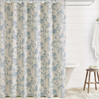 WOUVMA Extra Long Blue Shower Curtain Floral Cotton Linen Cottagecore Shower Curtain for Bathroom 90" L x 72" W