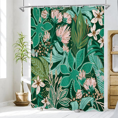 Boho Floral Shower Curtain, Dark Emerald Botanical Fabric Curtain, 72 x 84 | Boho floral, vintage botanical, dark floral, rustic farmhouse, colorful flowers, fabric shower curtain