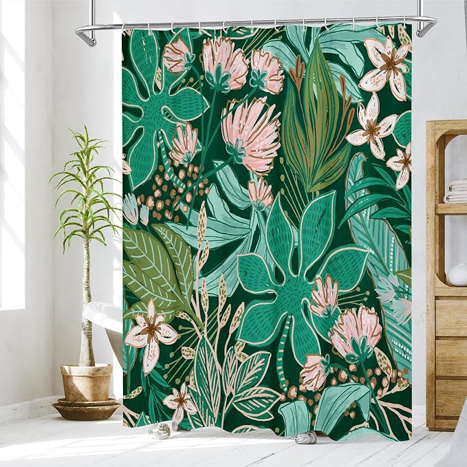 Boho Floral Shower Curtain, Dark Emerald Botanical Fabric Curtain, 72 x 78 | Boho Chic Floral, Vintage Botanical, Modern Farmhouse, Eclectic Rustic, Colorful Flowers, Fabric Shower Curtain