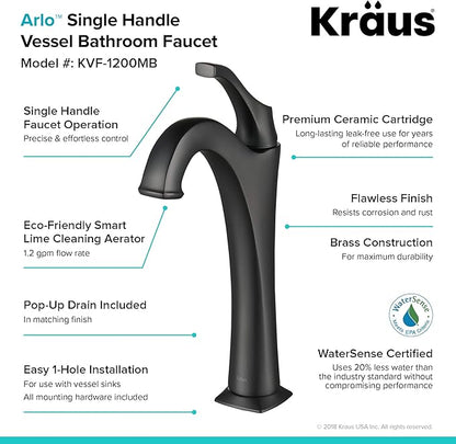 KRAUS Elavo 19-inch Modern Rectangular White Porcelain Ceramic Bathroom Vessel Sink and Matte Black Arlo Faucet Combo Set with Pop-Up Drain, C-KCV-121-1200MB