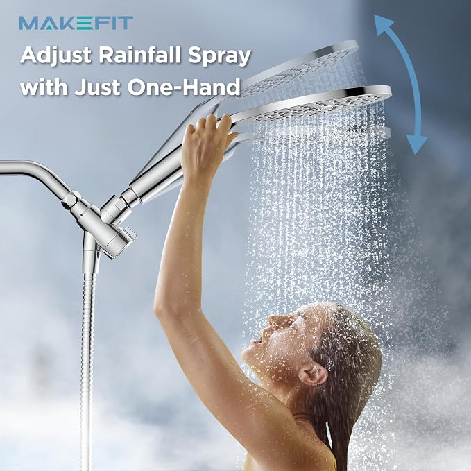 MakeFit Dual Filtered Shower Heads Combo, High Pressure Rain Shower Head with Handheld Spray Built-in Power Wash, Dual Handheld Shower Head for Hard Water, Remove Chlorine for Healthier Skin- Chrome