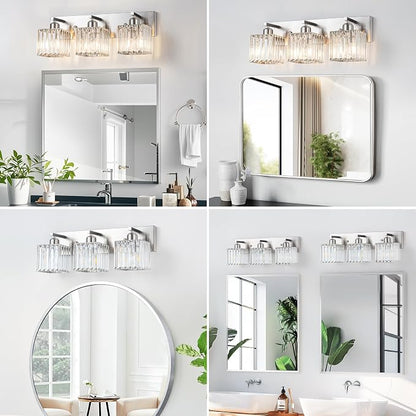 Modern Bathroom Vanity Light 3-Lights,Crystal Light Fixtures,Chrome | Crystal Light Fixtures Over Mirror,Chrome Bathroom Vanity Lighting Crystal Wall Sconce,Warm Light