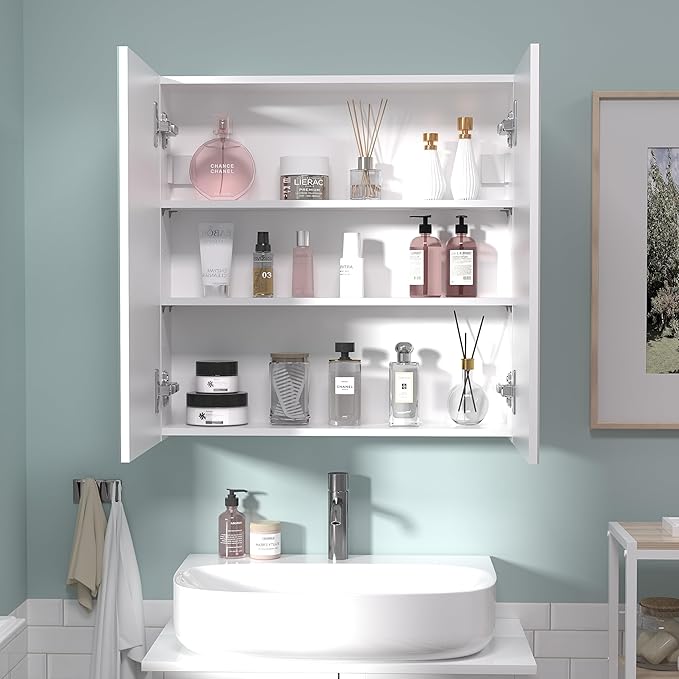24x24 Bathroom Wall Cabinet, Saver Storage Cabinet, Medicine Cabinet with 2 Door and Adjustable Shelves，Flat-Pack Design – Assembly Required