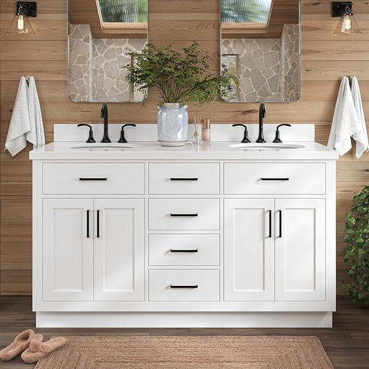 ARIEL Hepburn 60-inch Bathroom Vanity with Sink,Solid Wood, 1.5-inch Pure White Quartz Countertop & Backsplash, Double Oval Porcelain Sink, 4 Soft Closing Doors, 6 Dovetail Drawers, White