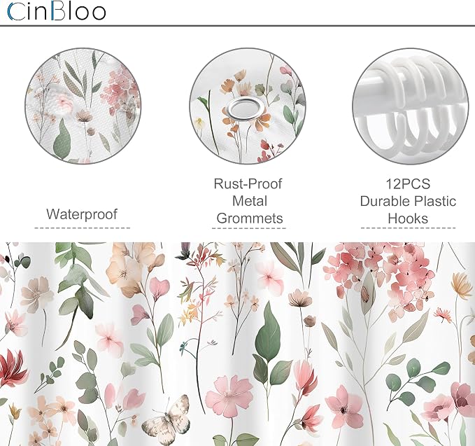 Pink Blush Coral Flower Floral Wildflower Leaf Bathroom Shower Curtain Set | 60"W x 72"H Leaves Butterfly; waterproof HD print, quick-dry fabric and plastic hooks for easy setup.