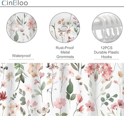 Pink Blush Coral Flower Floral Wildflower Leaf Bathroom Shower Curtain Set | 60"W x 72"H Leaves Butterfly; waterproof HD print, quick-dry fabric and plastic hooks for easy setup.