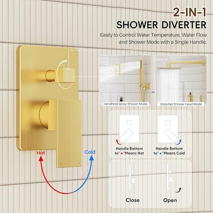 Gold Shower System, Shower Faucet Set with 12" Rain Shower head | All Metal Bathroom Wall Mounted High Pressure Shower head with handheld Combo Set Included Valve and Trim kit
