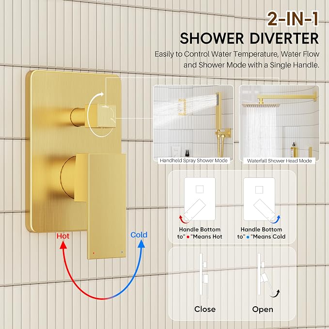 Gold Shower System, Shower Faucet Set with 10" Rain Shower head | All Metal Bathroom Wall Mounted High Pressure Shower head with handheld Combo Set Included Valve and Trim kit