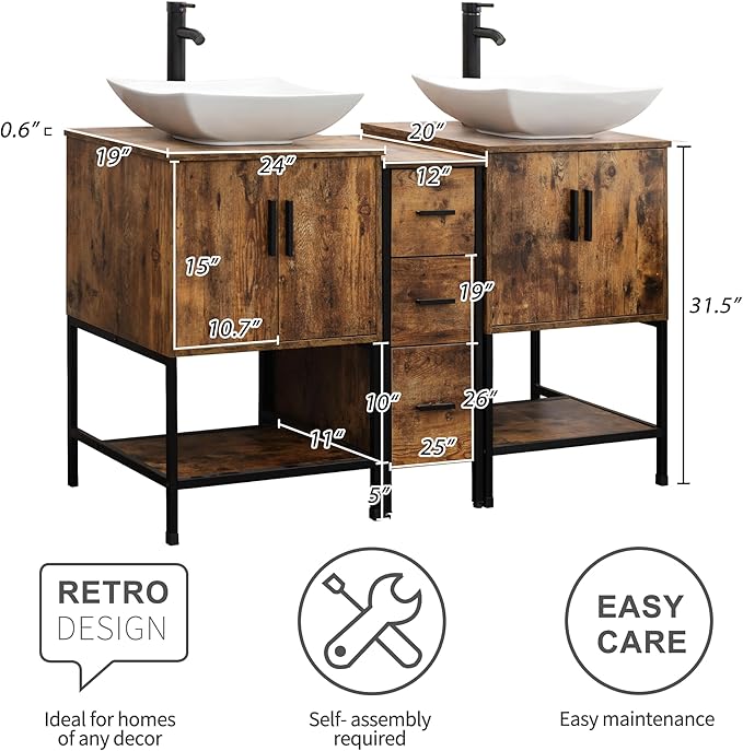 UEV Rustic Brown 60" Double Bathroom Vanity with Sink Combo,Industrial Iron Frame 2 Main Bathroom Vanity with Middle 3 Drawers Cabinet,Modern Artistic Ceramic Vessel Sink(032WH)