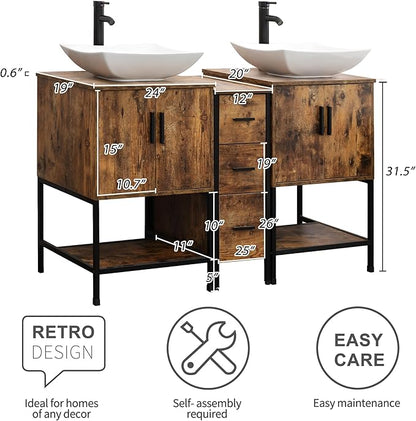 UEV Rustic Brown 60" Double Bathroom Vanity with Sink Combo,Industrial Iron Frame 2 Main Bathroom Vanity with Middle 3 Drawers Cabinet,Modern Artistic Ceramic Vessel Sink(032WH)